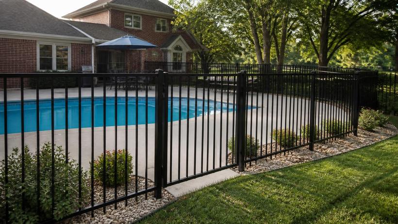 Black powder-coated aluminum fencing with flat-top pickets enclosing a backyard swimming pool