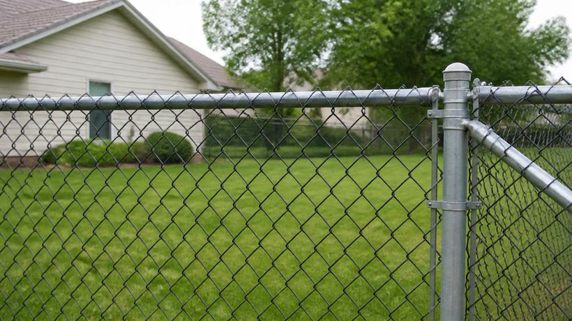 Galvanized chain link fencing with a top rail and a braced terminal post along a back lawn