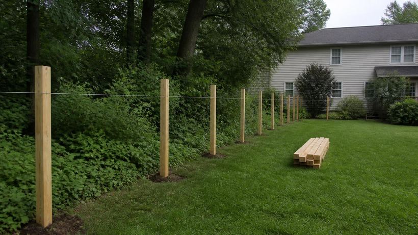 Newly set wooden fence posts with a string line stretched between them along a backyard lawn