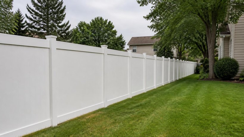 A white vinyl privacy fence with capped posts running down the side of a suburban yard