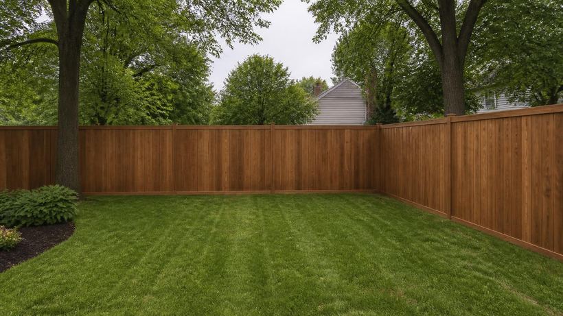 A cedar privacy fence with a level top line enclosing a mown backyard under mature trees